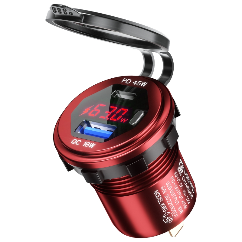 Metal 63W QC3.0 USB+Type C USB C PD Fast Car Charger with Voltage/Power Display