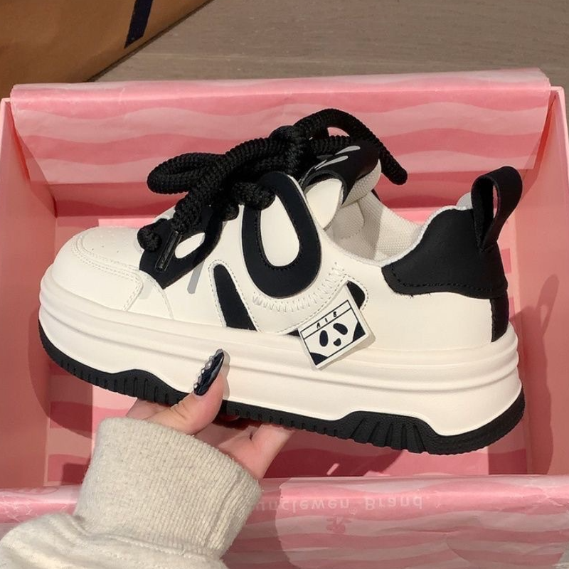 RENBEN Women's sneakers black and white panda casual versatile heightening thick baseplate shoes sports white shoes