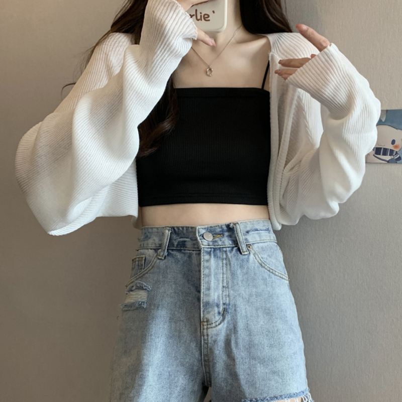 Summer Fashion Short Knitted Sunscreen Cardigan Women Solid Color Long Sleeve Thin Smock.