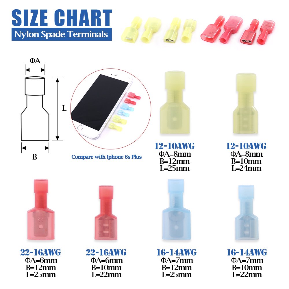 50/100pcs Nylon Brass Spade Terminal Fully Insulated Electrical Wire Connectors Female Male Wiring Cable Plug Tool Set. 