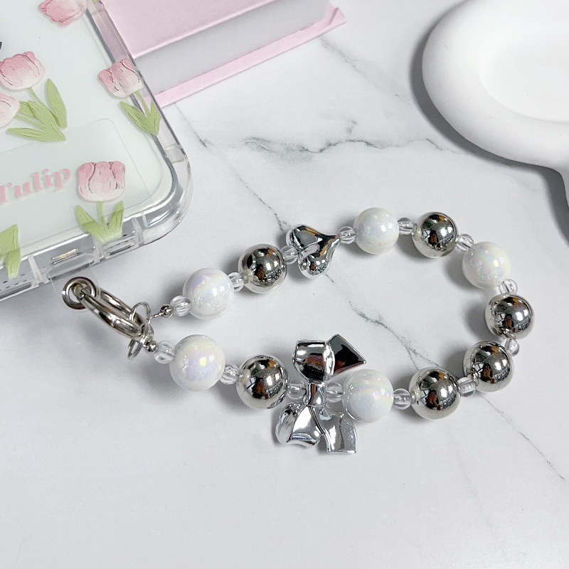 Y2K Silver Bow Beaded Phone Case Lanyard Stylish Bead Phone Chain Wrist Band Anti Lost Phone Strap Earphone Pendant Keychain. 