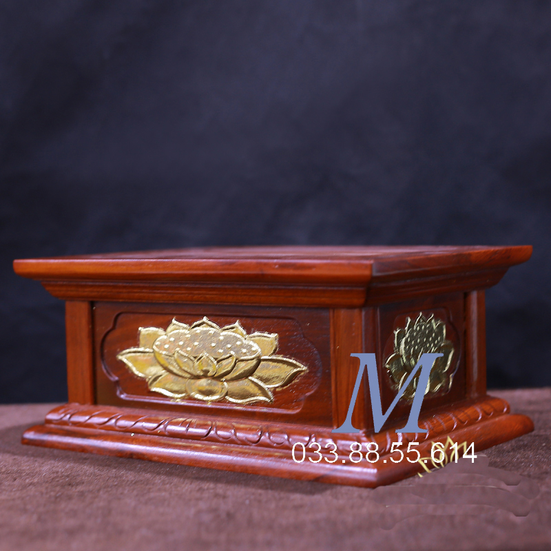 Đế Vuông Hộp Hoa Sen Rát Vàng Gỗ Hương Cao 17cm