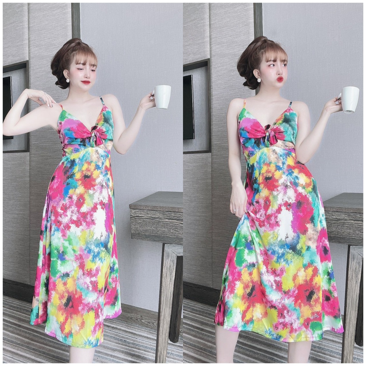 Đầm maxi 2 dây thắt nơ lụa latin mềm mát, váy maxi hè 2 dây