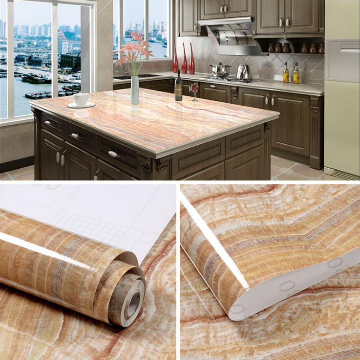 Decal giấy dán tường giả đá hoa cương khổ 60cm keo sẵn mẫu đá vàng vân lớn