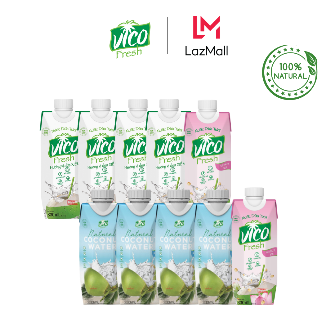 COMBO 10 HỘP NƯỚC DỪA VICO FRESH 330ML (4 XIÊM, 2 SEN, 4 NATURAL)