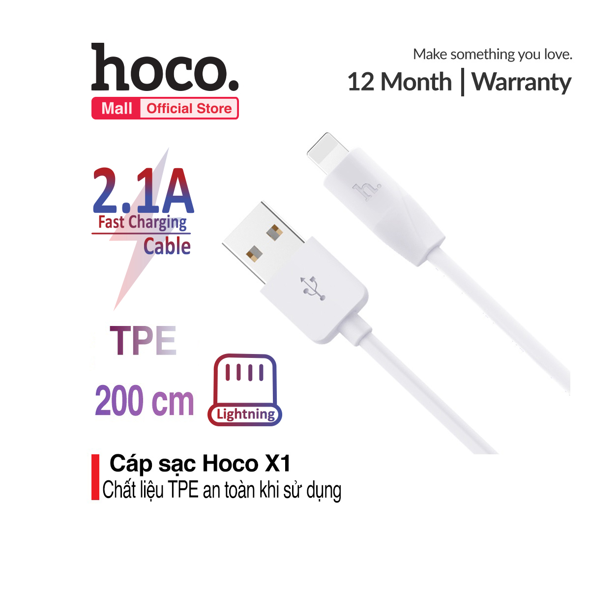 Cáp sạc Lightning HOCO X1 cho iPhone/iPad dài 1M dây chống gập bền hệ điều hành ios 10 ios 11 ios 12 trở lên