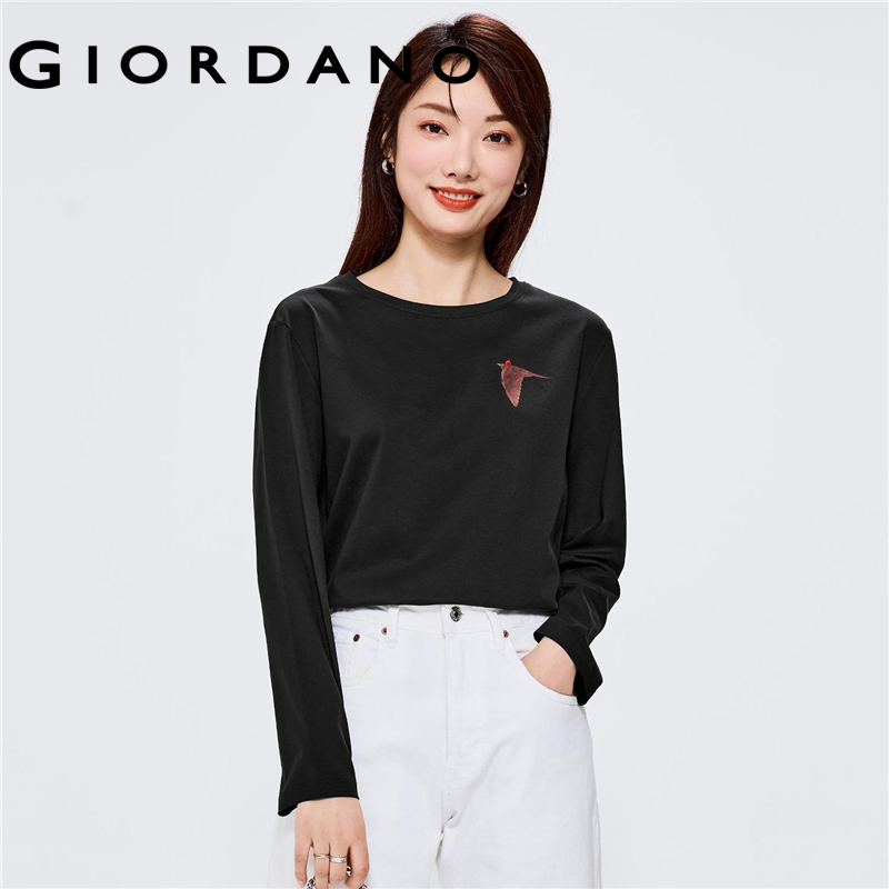 Giordano women artand series t-shirts bird print 100% cotton tee crewneck long sleeve simple fashion casual tshirts 99393427