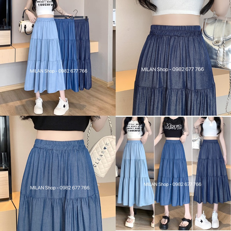 AA18-Chân váy bò(jean) lụa cực mát dáng dài xoè tầng Quảng Châu