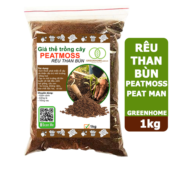 Rêu than bùn peatmoss Peatman, bao 1kg, trộn đất trồng sen đá, kiểng lá, hoa hồng, ươm mầm