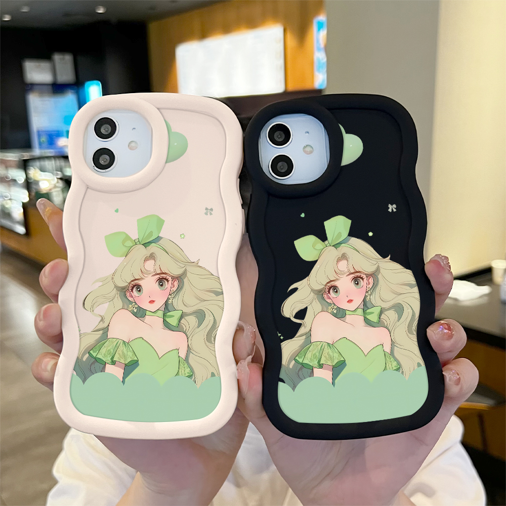Jizetin for Realme C11 C15 C21Y C25Y C20A C2 C3 Realme 2 5i 5S 6i 9i 11 12 Pro+ OPPO A1K F9 Pro Back Cover Green Fairy Princess Pattern Macaron Bright Color Wavy Shape Soft Mobile Phone Cases.