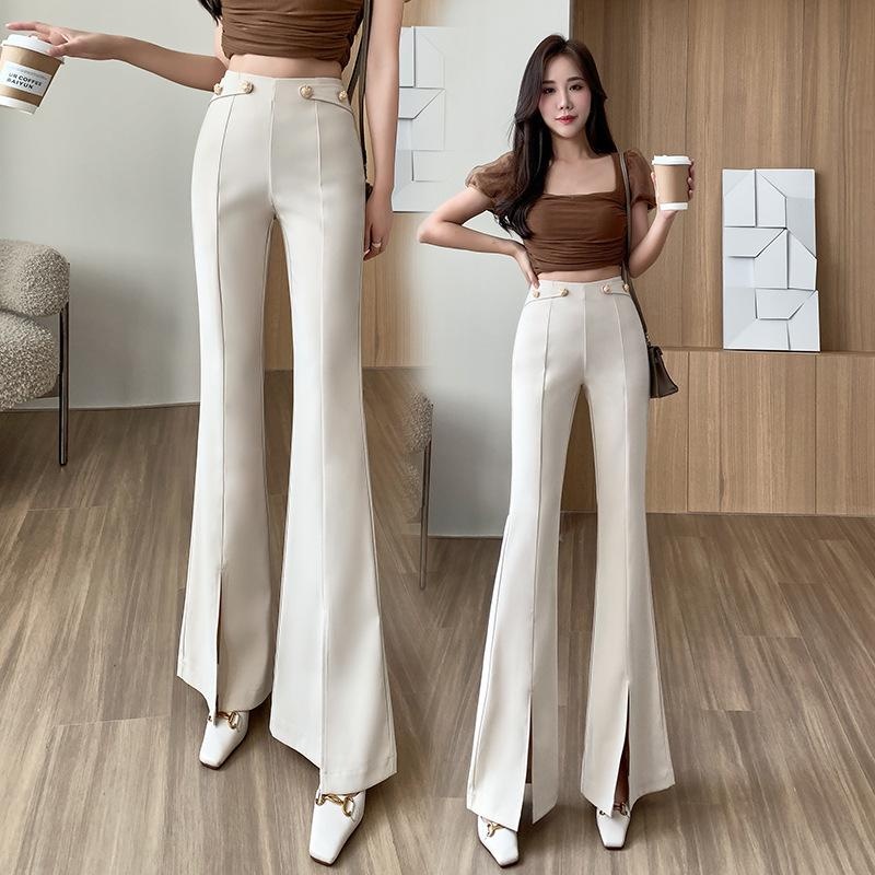 Women Bell Bottom Pants Suit Office Lady Spring Summer Autumn Fashion  Casual High Waist Buttons Flare Formal Slim Pants Black Beige | Lazada  Singapore