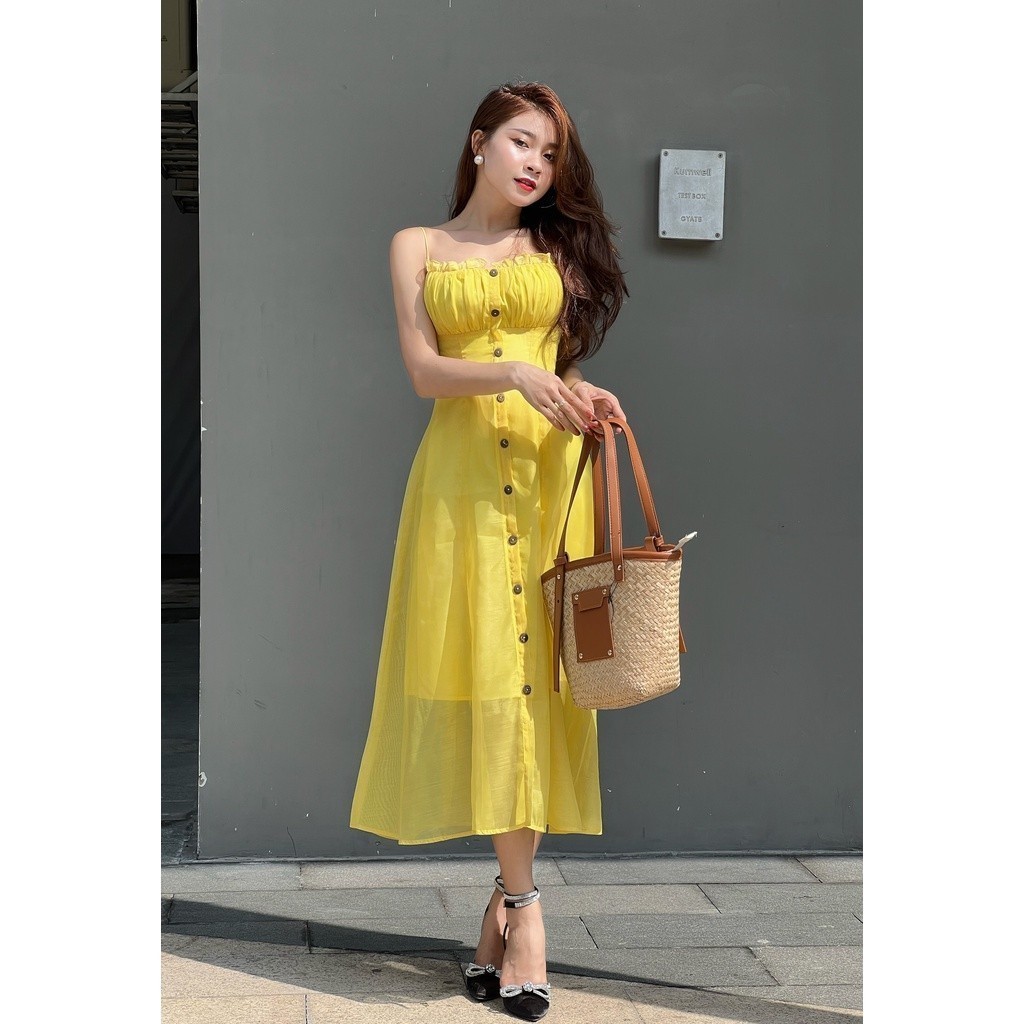 Đầm midi hai dây bèo nhún Joven