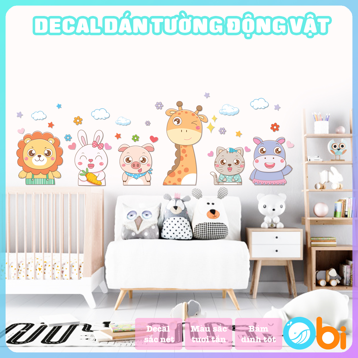 Decal dán tường cho bé  - Decal động vật vui vẻ Obi