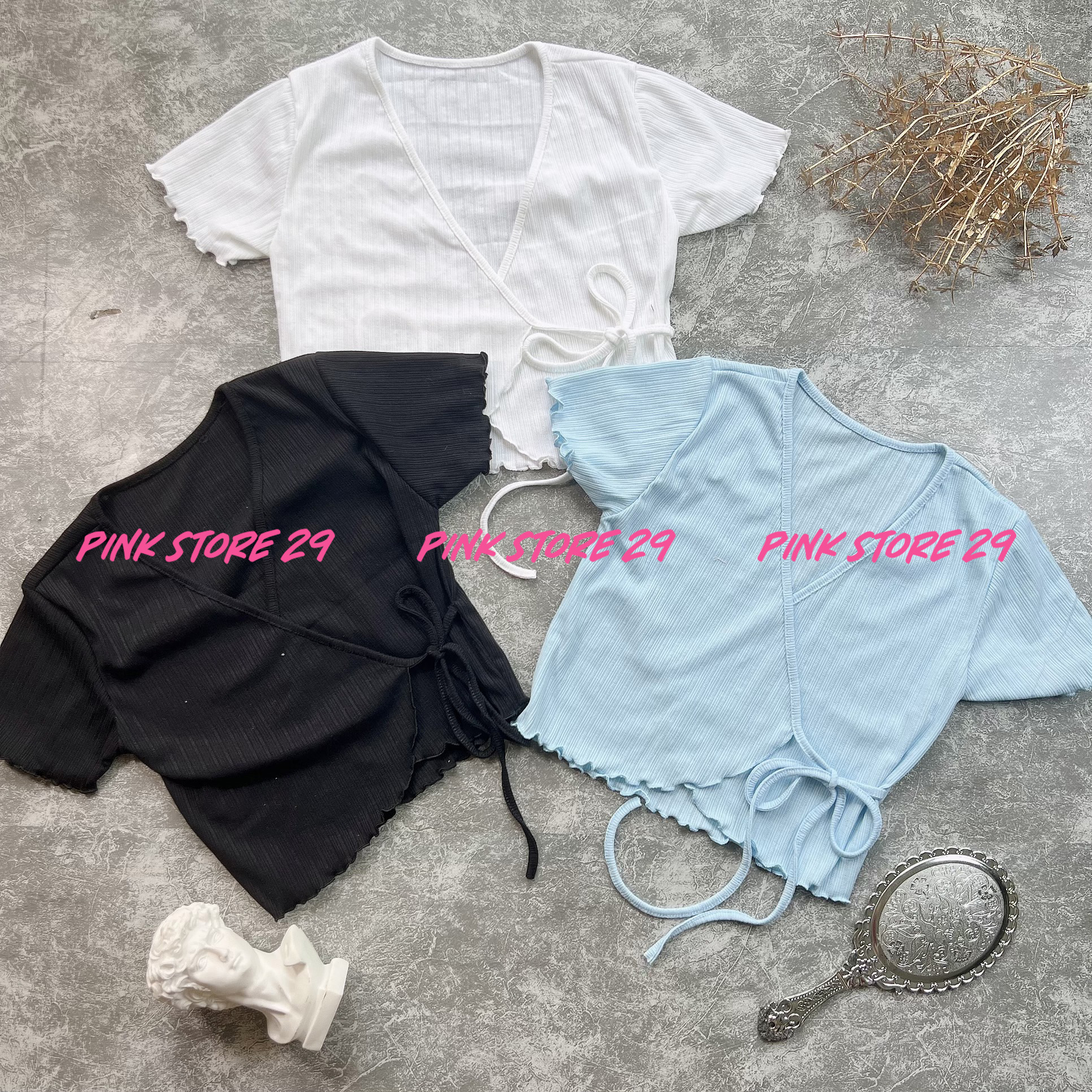 Áo croptop thun gân đắp chéo cột eo A5045