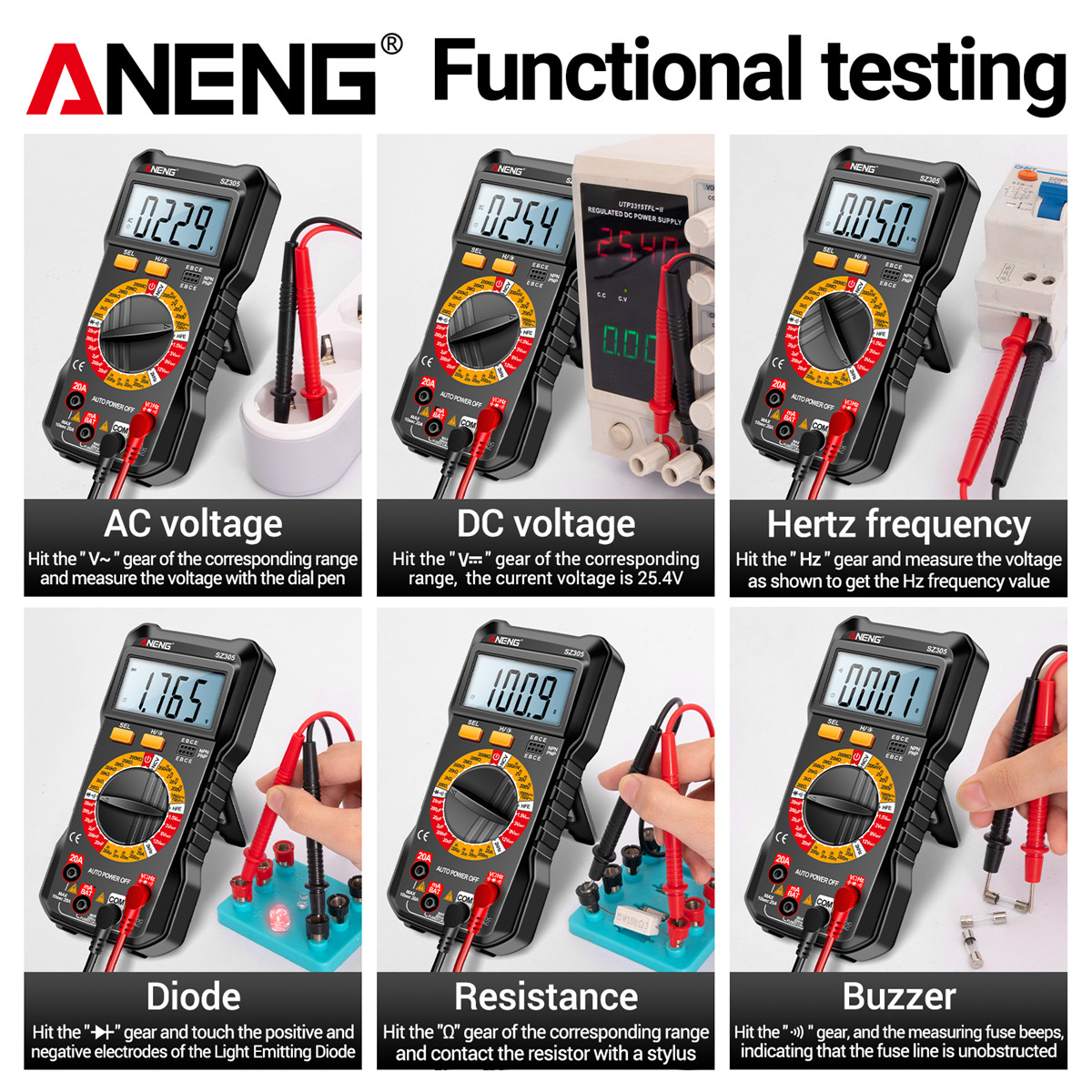 Aneng sz305 đa năng kế kỹ thuật số tự động phạm vi 750V 10A Thông Minh vạn năng DC/vôn kế xoay chiều Ampe kế 1999 đếm/NCV không tiếp xúc/hFE/kháng/phát hiện liên tục/Còi/Vỏ bảo vệ chống rơi Silicon/đa năng kế kỹ thuật số thông minh