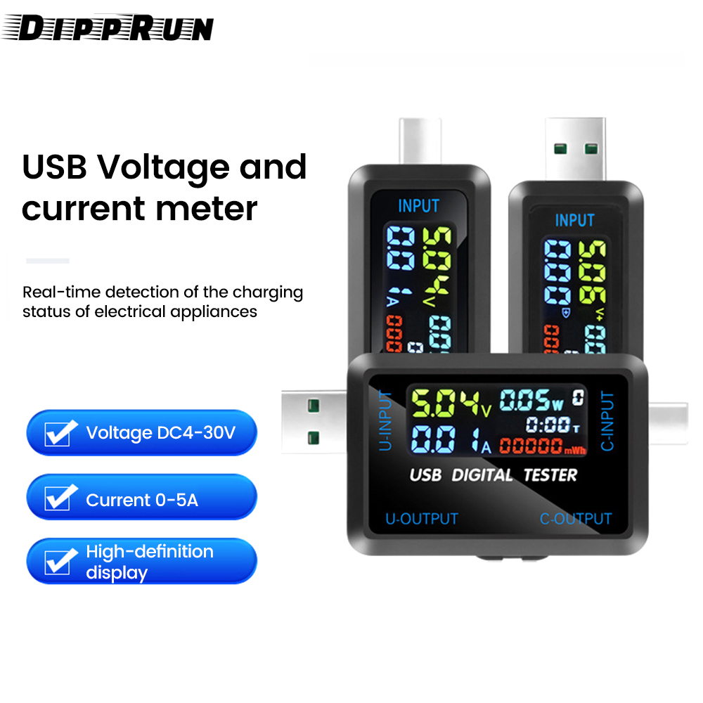 DIPPRUN DC 4.5~36V Multi-function Digital Display Voltage Current Capacity Tester USB+Type-C Interface USB Cable Charger Detector