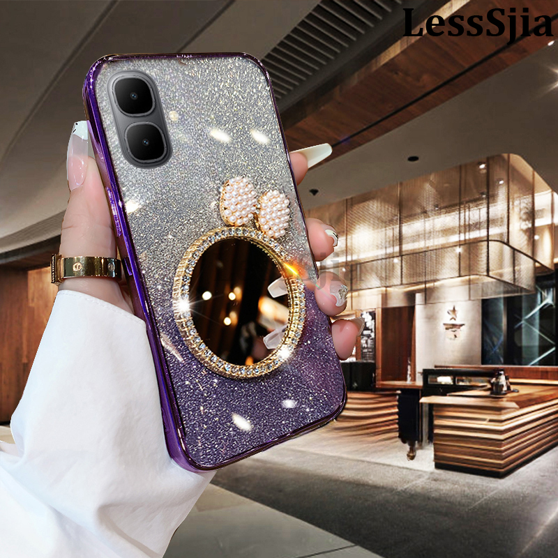 New Phone Cover infinix Smart 10Plus Back case with Bow Makeup Mirror Luxury Shiny Gradient Clear Plating Glitter Girls Slim For infinix Smart 10+ Phone cases