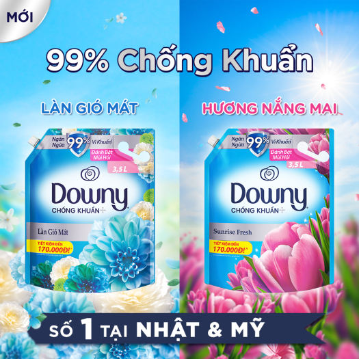 Nước xả vải Downy Túi 3L nắng mai, làn gió mát, kháng khuẩn dịu nhẹ