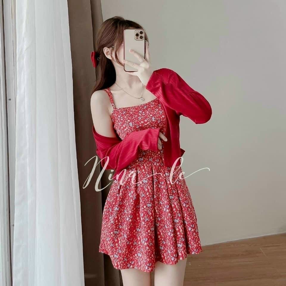 Đầm hoa dai dây kèm áo khoác, set bộ hai món đầm hai dây kèm áo khoác trơn bóng, đầm hai dây họa tiết hoa văn kèm áo khoác