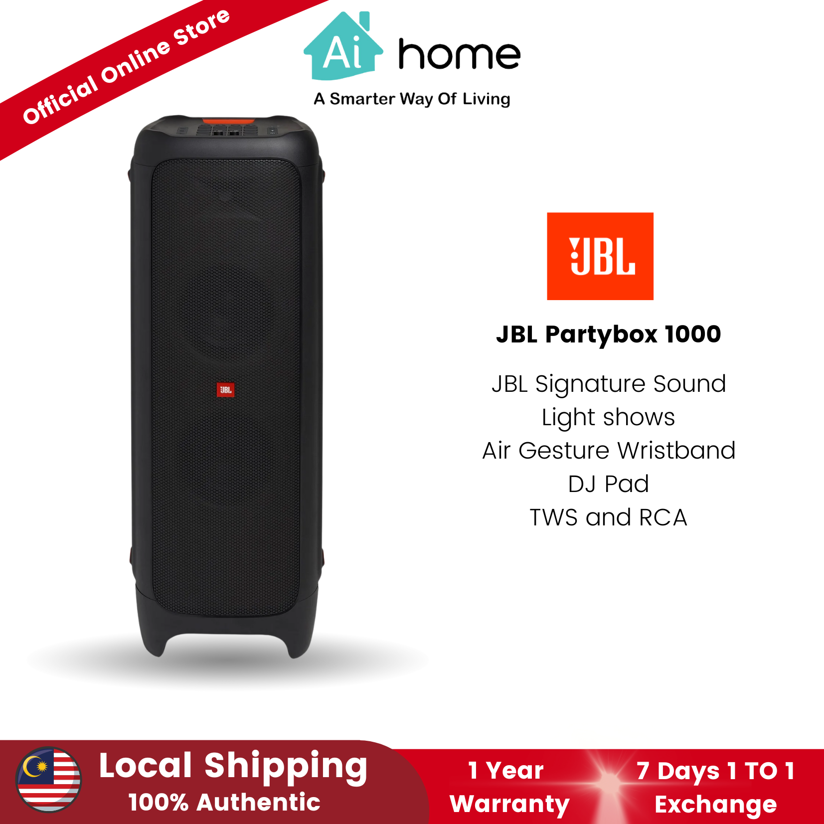 JBL Partybox 1000 Portable Bluetooth LED DJ Party Speaker w/TWS+DJ  Pad+Wristband 