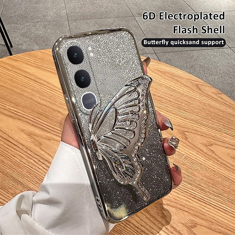 Phone case Vivo Y21D Y31 5G Back cover Diamonds butterfly holder shiny hourglass of quicksand transparent soft silicone For Vivo Y31 5G Y21D case.