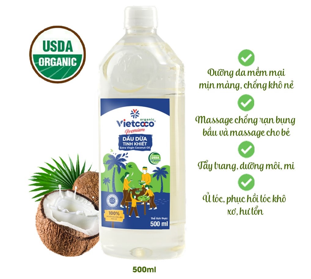 Dầu dừa nguyên chất Organic Vietcoco 500ml (Việt Nam CLC)