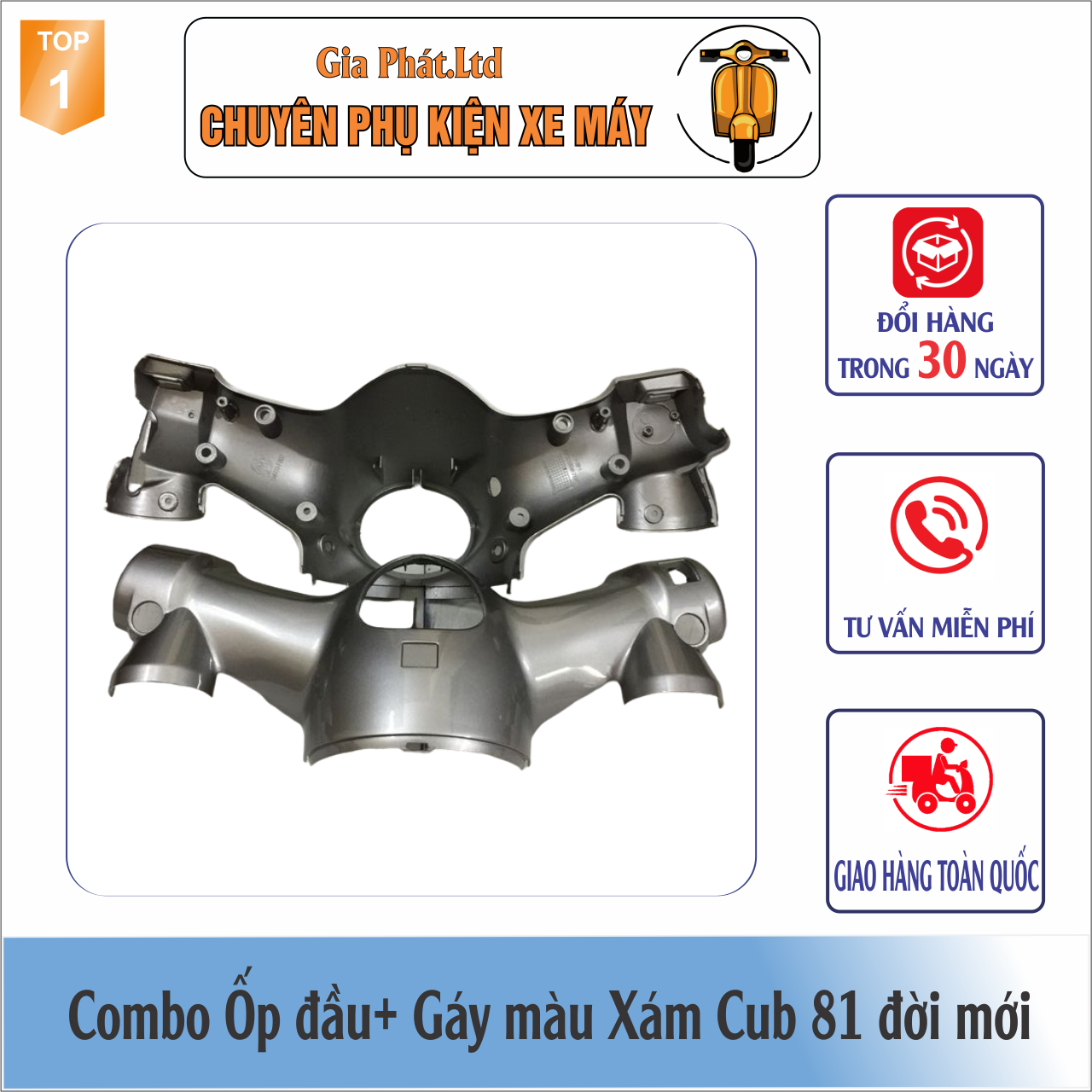 Combo Ốp đầu màu XÁM gắn xe Cub 81 đời mới đầy đủ ốp đầu trước,gáy sau và pha đèn kèm bóng
