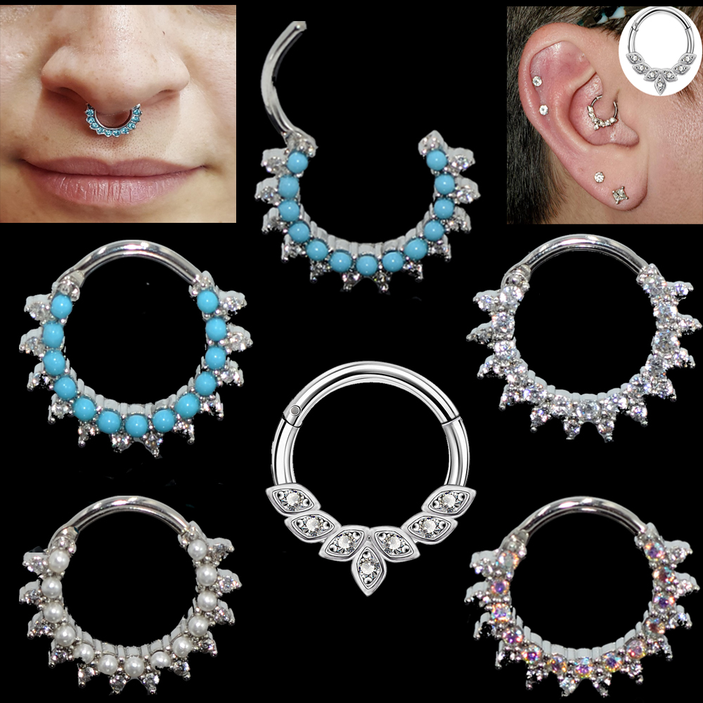 Stainless Steel Crystal Pearl Septum Clicker Hoop Ring Nose Labret Ear Tragus Cartilage Daith Helix Earring piercing. 