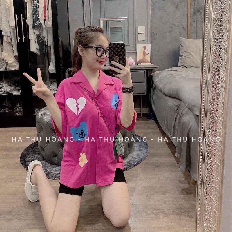 Set Bộ Đồ Nữ Áo Sơ Mi Tim Phối Quần Legging Co Giãn