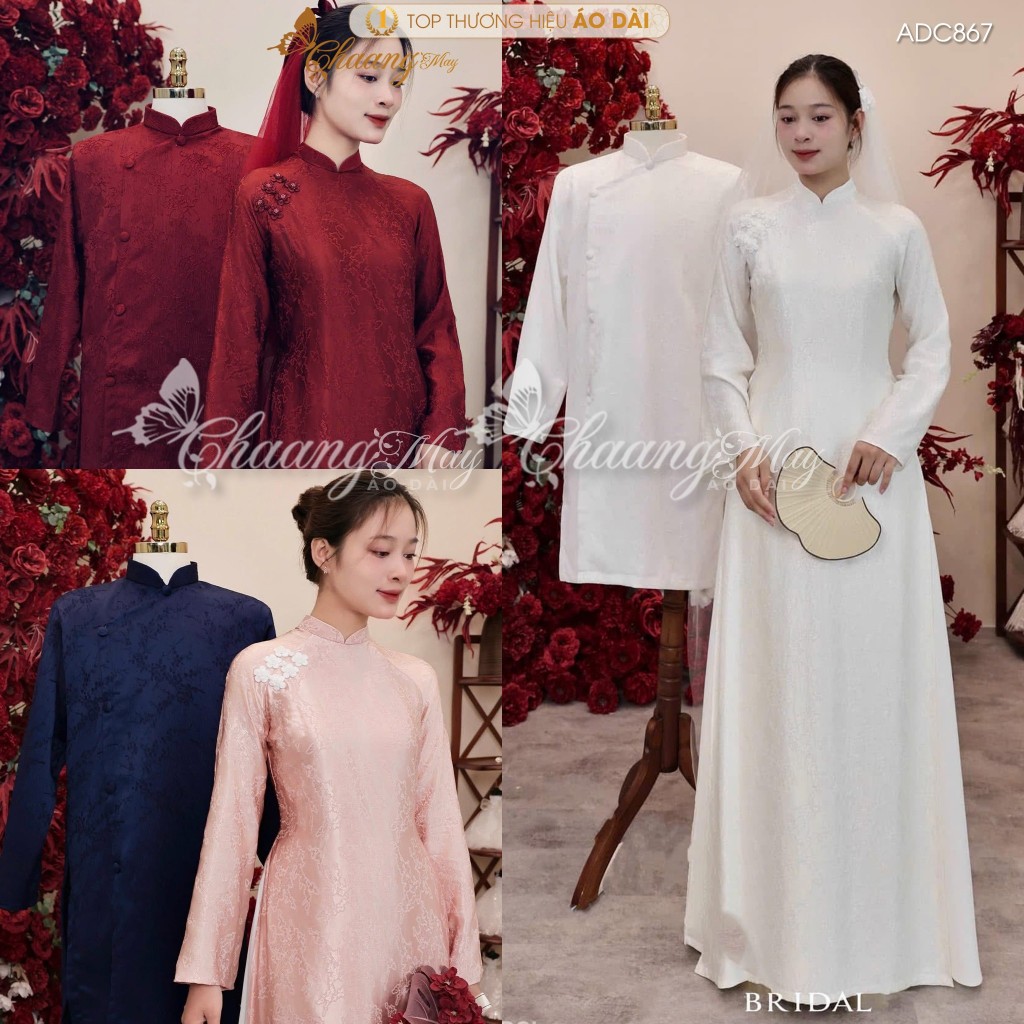 Áo dài cặp đôi cưới Du Uyên cô dâu chú rể ADC867 may sẵn gấm Châu Sa dự tiệc cưới hỏi lễ tết đẹp