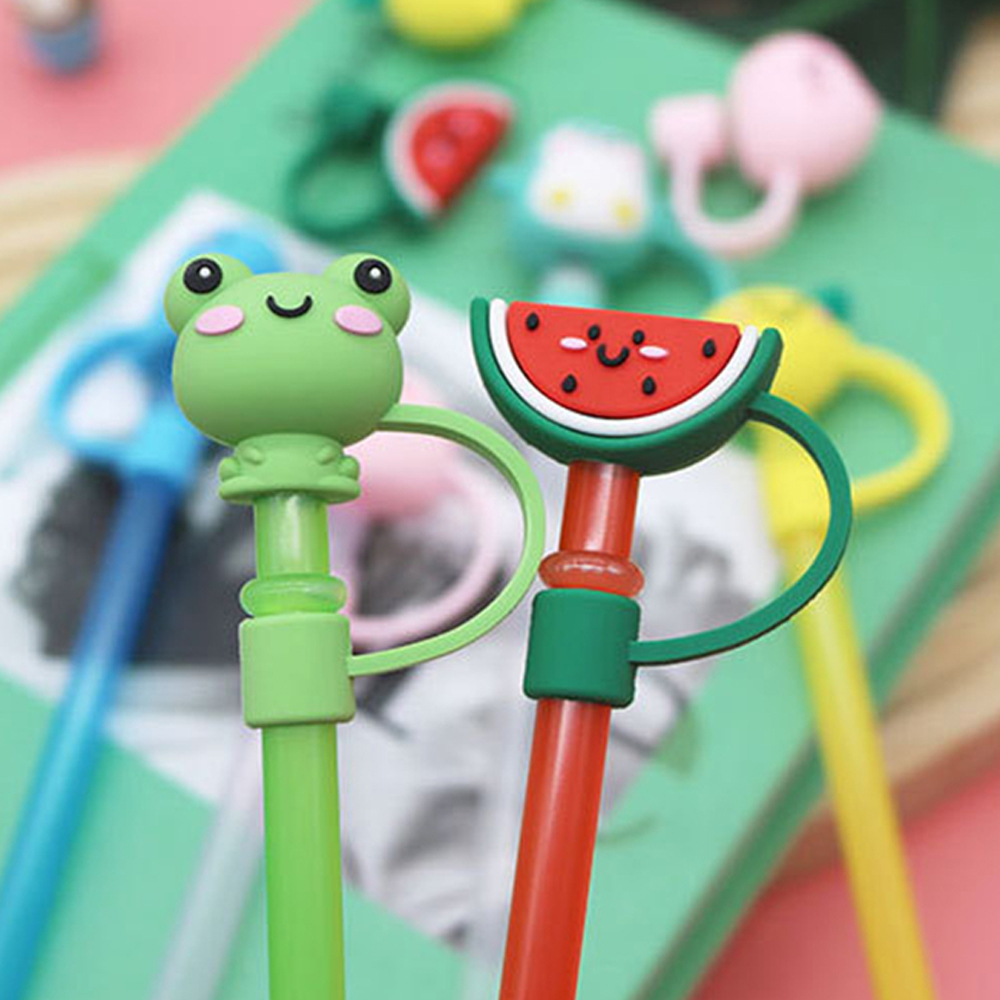 Bathtool 【With Straw】Silicone Straw Tips Cover Cute Silicone Reusable Drinking Straw Tips Lids Dust-Proof Straw Plugs