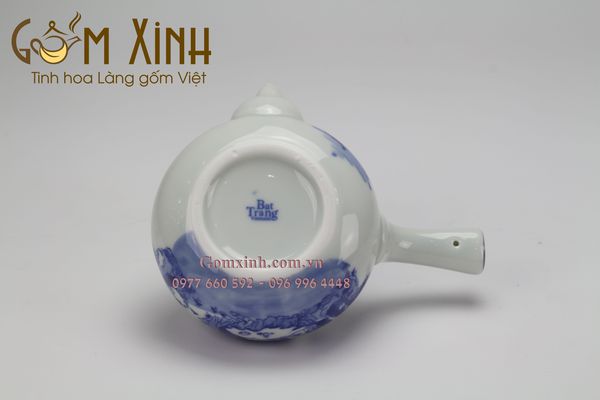 Bộ ấm chén Bát Tràng quai ngang men lam cổ