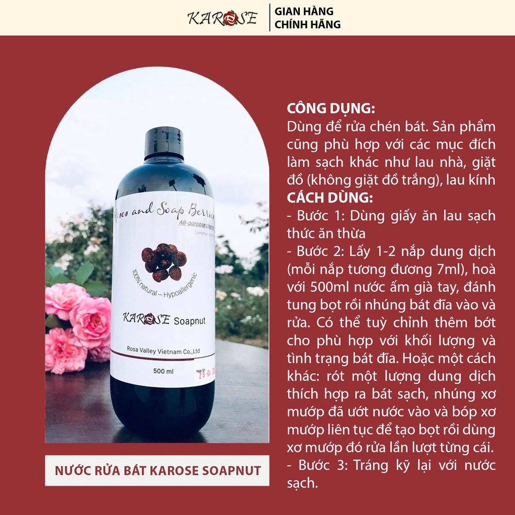 Nước rửa chén  KAROSE SOAPNUT hữu cơ bồ hòn hoa hồng