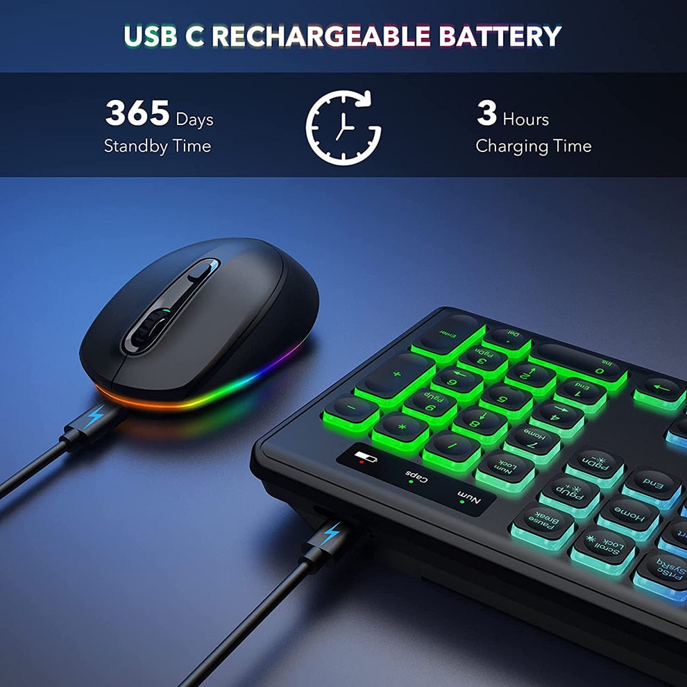Backlit Wireless Keyboard and Mouse Combo Type-c+ USB Rechargeable Wireless Keyboard Set for Computer Mac PC Laptop