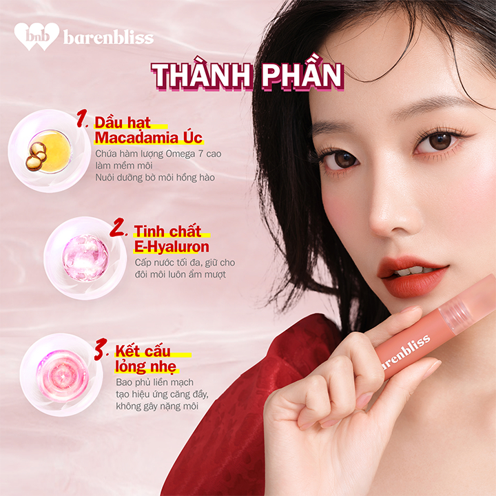 Set son tint Peach & son lì Cherry barenbliss (Son Tint Bóng Peach Căng Mọng Đôi Môi & Son Kem Lì Cherry Mịn Mượt)