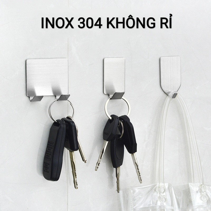 COMBO 10 Móc treo đồ dán tường inox siêu dính, Móc treo chìa khóa, mũ nón túi xách đa năng kèm miếng dán