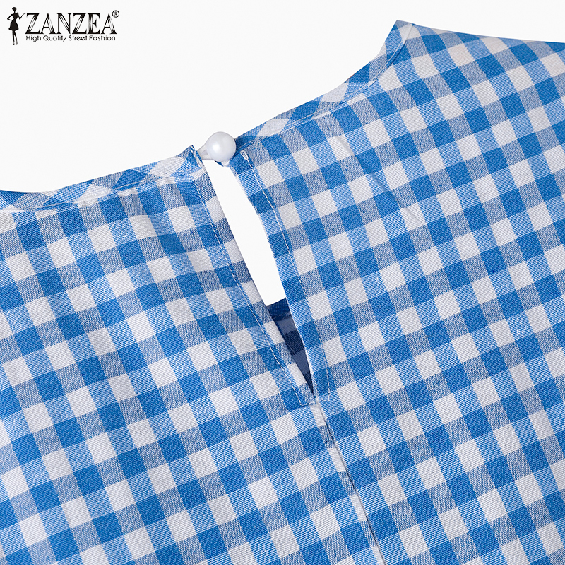 ZANZEA%20Women's%20Blouse%20Summer%20Casual%20Plaid%20Casual%20Ruffle%20Hem%203/4%20Sleeve%20Round%20Neck%20Loose%20Shirt%20Top%20-%20Image%207