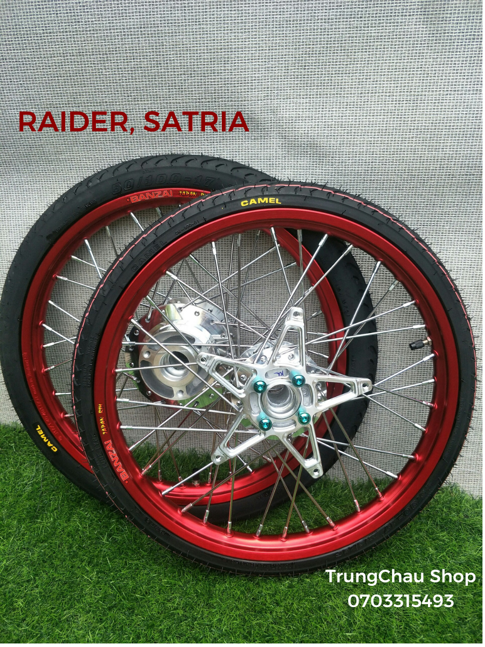 [HCM]    CẶP BÁNH CĂM RAIDER SATRIA NIỀNG BANZAI THÁI 1.4 1.4 FULL VỎ CRV .CAMEL 50.60 KÈM PAT NGÔI SAO HOẶC LẤY  2 ĐĨA (NIỀNG CÓ 7 MÀU TÙY CHỌN))