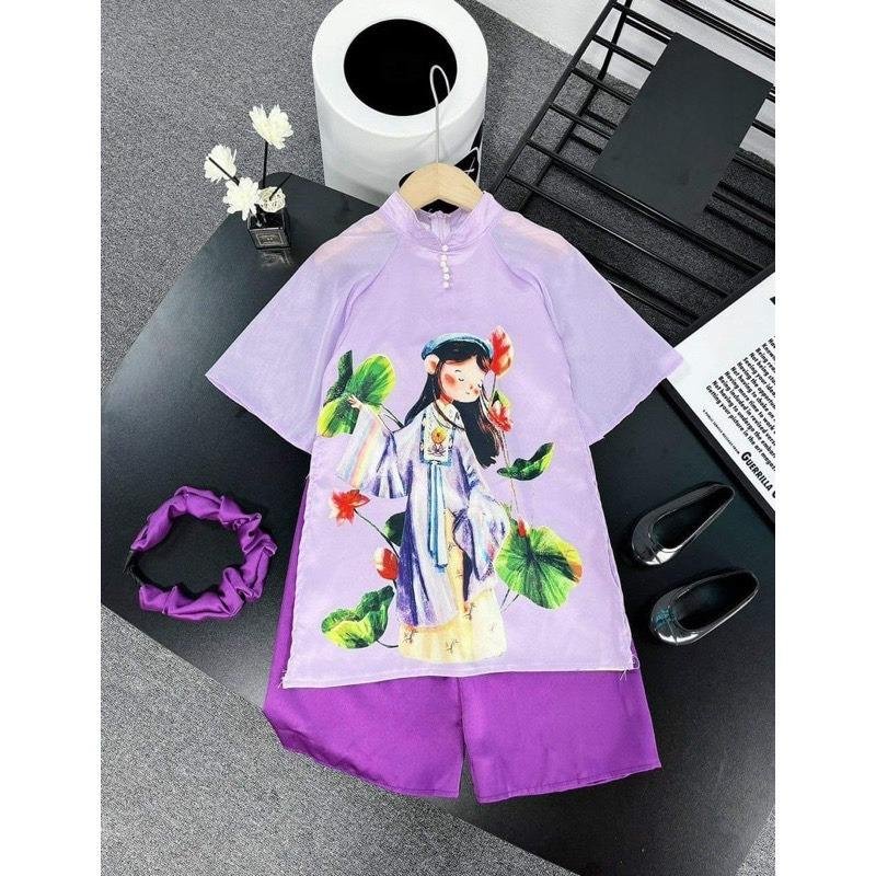 Set áo dài cách tân cổ trụ đính ngọc phối quần lụa cho bé gái diện lễ Tết, du Xuân