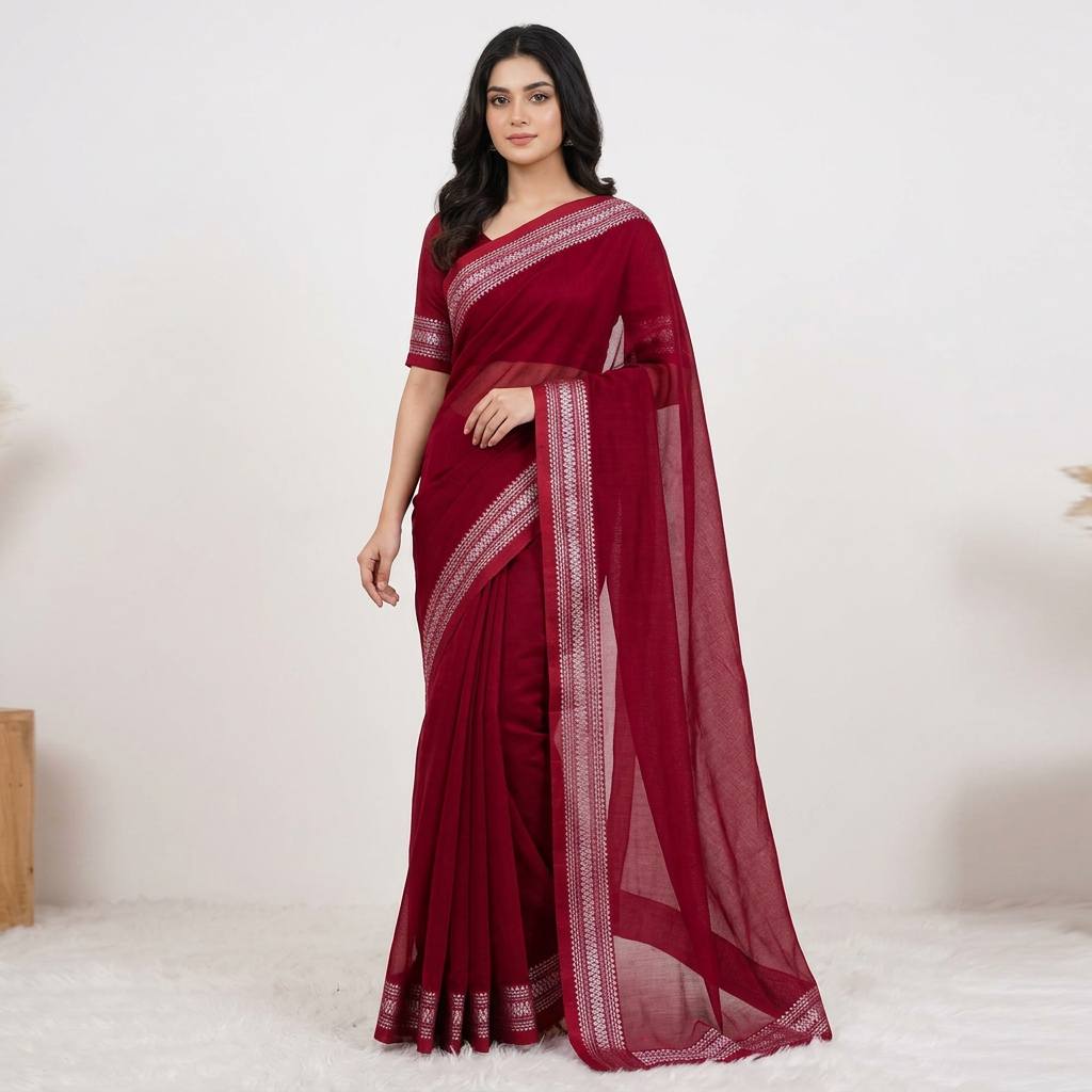 Tangail Tat Half Silk Saree for Women All Season Half Silk Fabric Fashionable Arong Style in Maroon Color.
