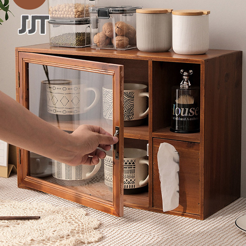 Storage rack with tissue box retro double-layer wooden tea set desktop storage box cup dust-proof cabinet