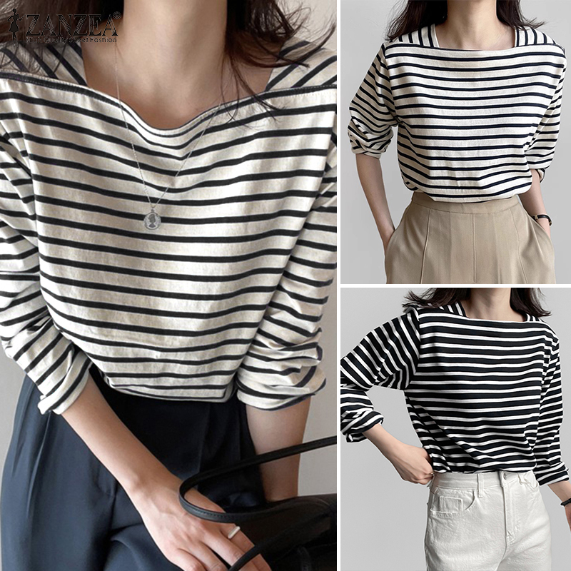 ZANZEA%20Korean%20Style%20Womens%20New%20Fashion%20Striped%20Printed%20Top%20Shirt%20Square%20Neck%20Long%20Sleeve%20Blouse%20-%20Image%207