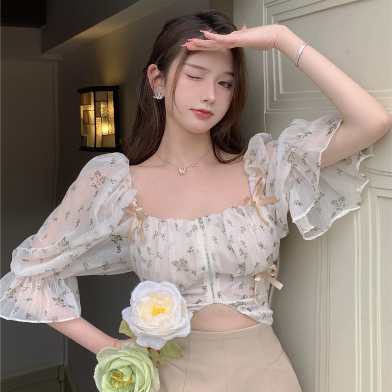 [LAZFLEX1 giảm 30K/149K] Áo hoa tay lỡ có khoá kéo dáng croptop sẽy cực xinh AH04