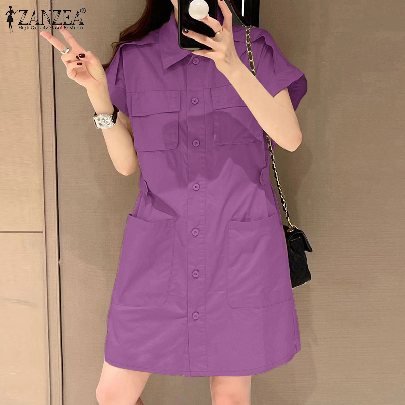 Purple Lazada Fashion Dress ZANZEA Korean Style Womens Office Casual Turn-Down-Collar Short Sleeve Shirtdress Double Pocket Plain Mini Dress