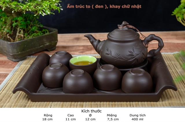 Ấm chén tử sa khắc Bát Tràng kèm khay chữ nhật