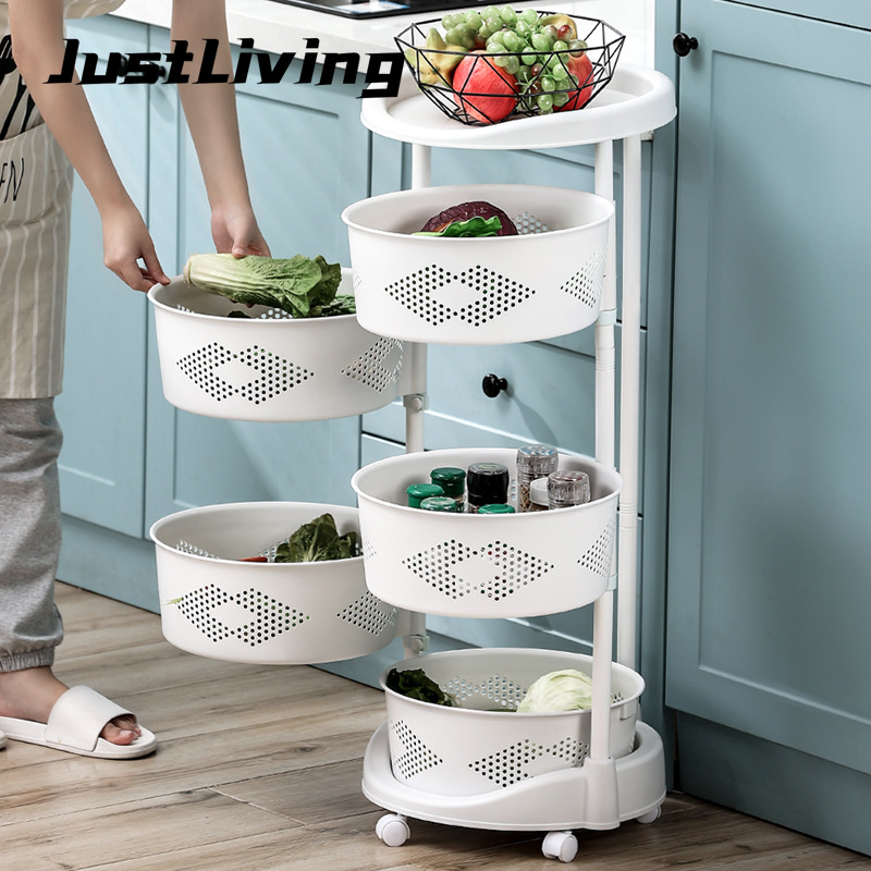 JustLiving 180° Rotatable Kitchen Storage Rack PP Corner Organizer Basket Rack Multi-Layer Kitchen Trolley Cabinet Racks Vegetable Shelf Storage Organizer Bathroom Shelves Shelf Holder