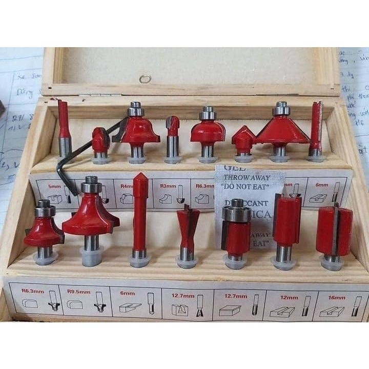 Bộ mũi phay gỗ 15 chi tiết chân 6.35mm _TKDN