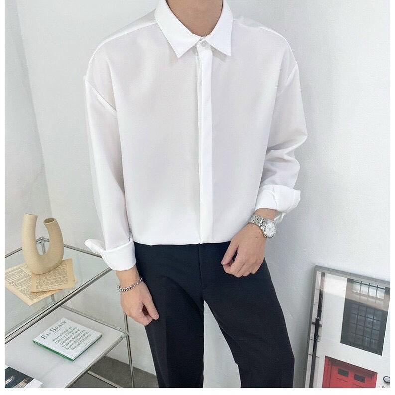 Áo sơ mi nam dấu cúc dài tay dáng rộng hàn quốc vải lụa thái không nhăn