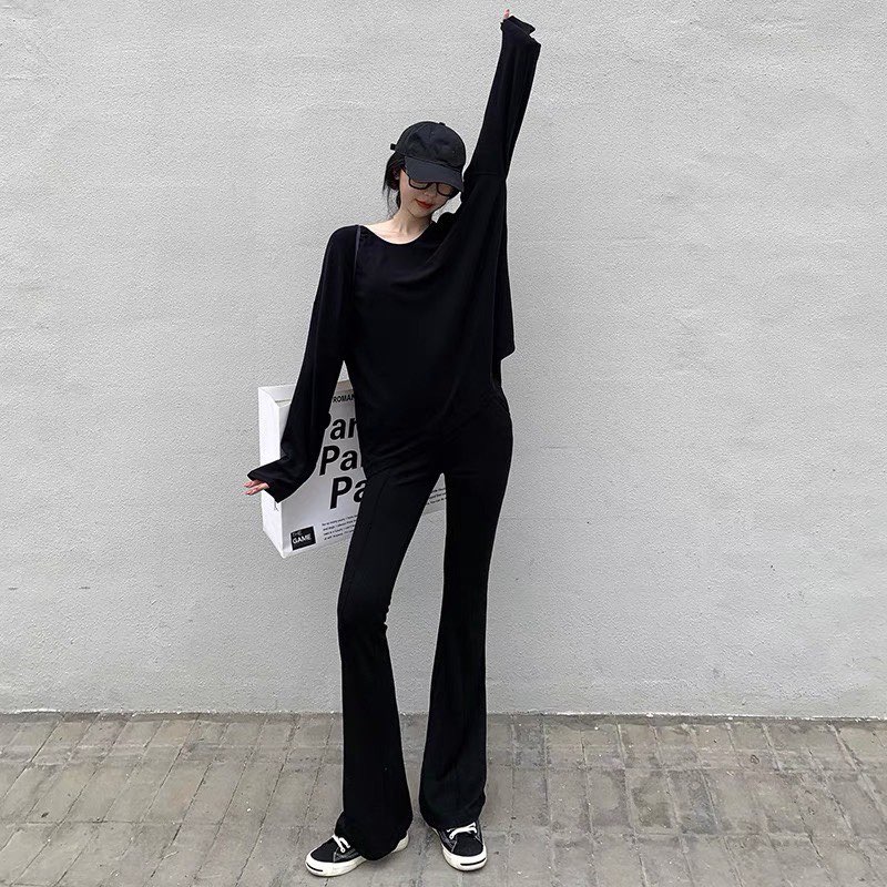 Quần ống loe legging cạp cao dáng dài vải co giãn