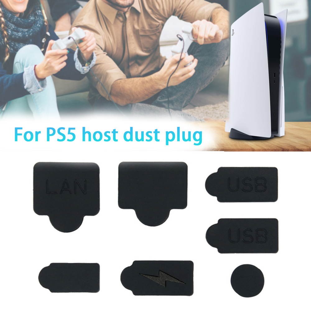 Abaaba 7Pcs Black Silicone Dust Plugs Set USB HDM Interface Anti-dust Cover Dustproof Plug for PS5 Game Console Accessories Parts